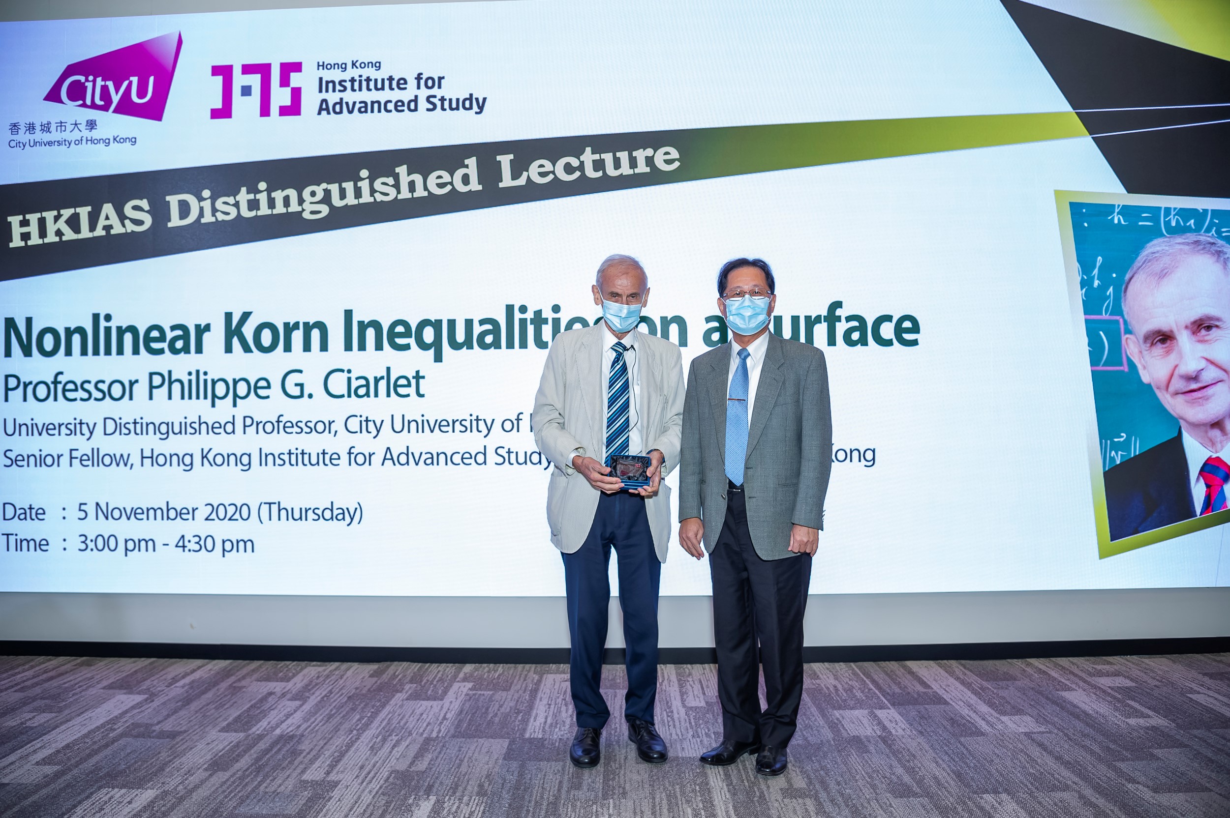 (From right) Professor Raymond Chan, moderator of this lecture and Chair Professor of Mathematics and Dean of College of Science at CityU, Professor Ciarlet and Professor Huang.	